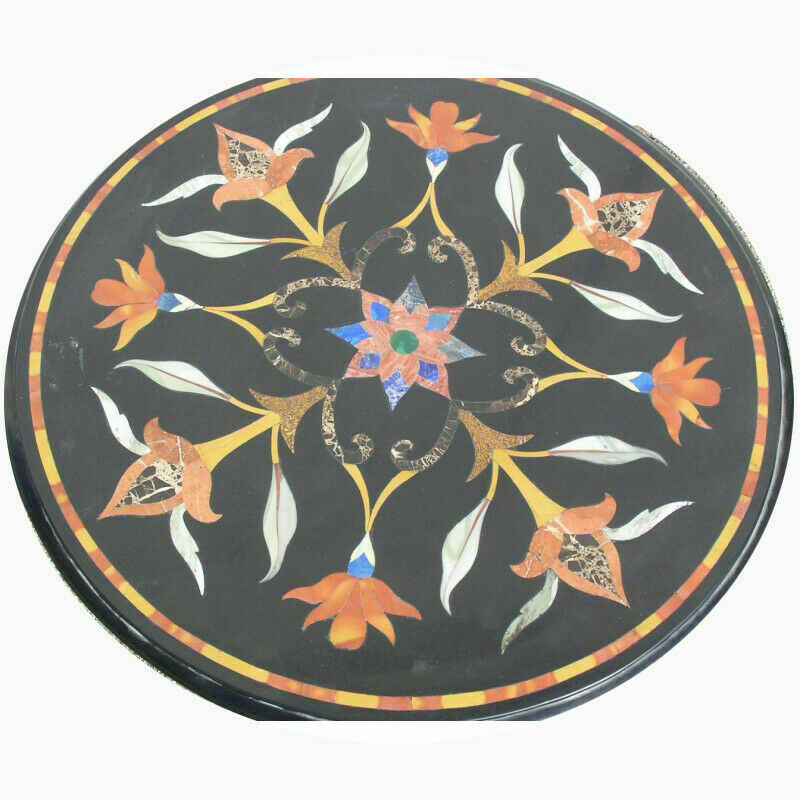 15-Inch Black Round Marble Coffee Table with Malachite Mosaic Inlay Decor-image