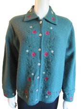 Karen Scott sport embroidered beaded Christmas wool cardigan green button-up