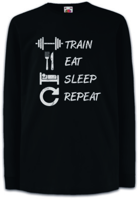 Train Eat Sleep Repeat Kinder Langarm T-Shirt Pain No Gain Fun Muscle Fitness