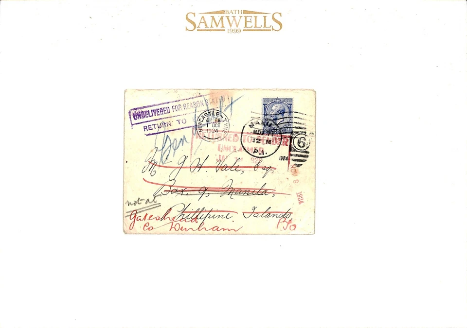 GB RETOUR Cover Forwarded *SINGAPORE DEAD LETTER* Oval PHILIPPINES 1925 U149 - Image 4 of 4