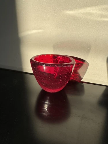 Ruby Red Murano Glass Bowl Strawberry Vase Ashtray Vintage Venetian Italy Bubble