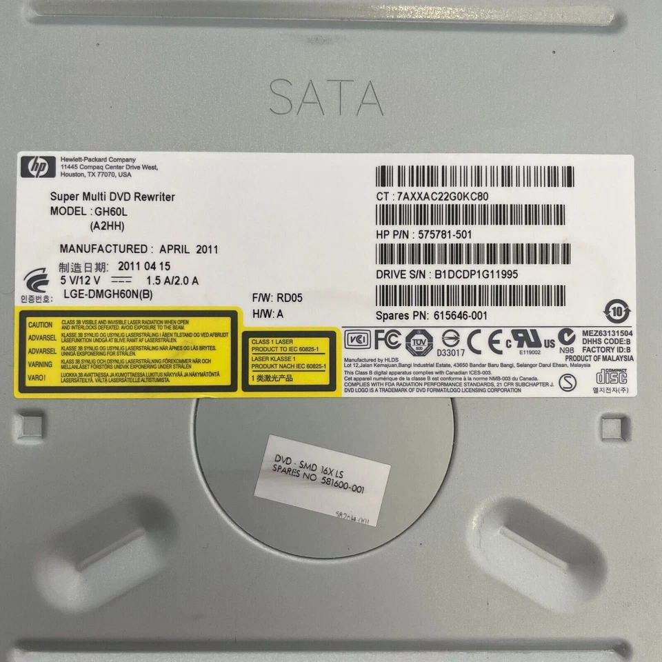 HP DVD±RW SATA Dual Layer Optical Drive GH60L 575781-501 615646-001 F/W RD05 - Image 3 of 4