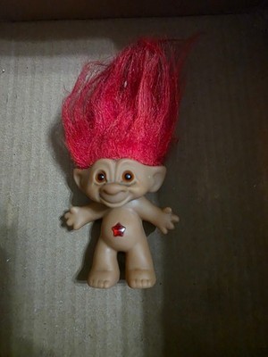 Vintage 3  Ace Novelty Treasure Troll Doll Red Hair  Diamond Jewel in Belly
