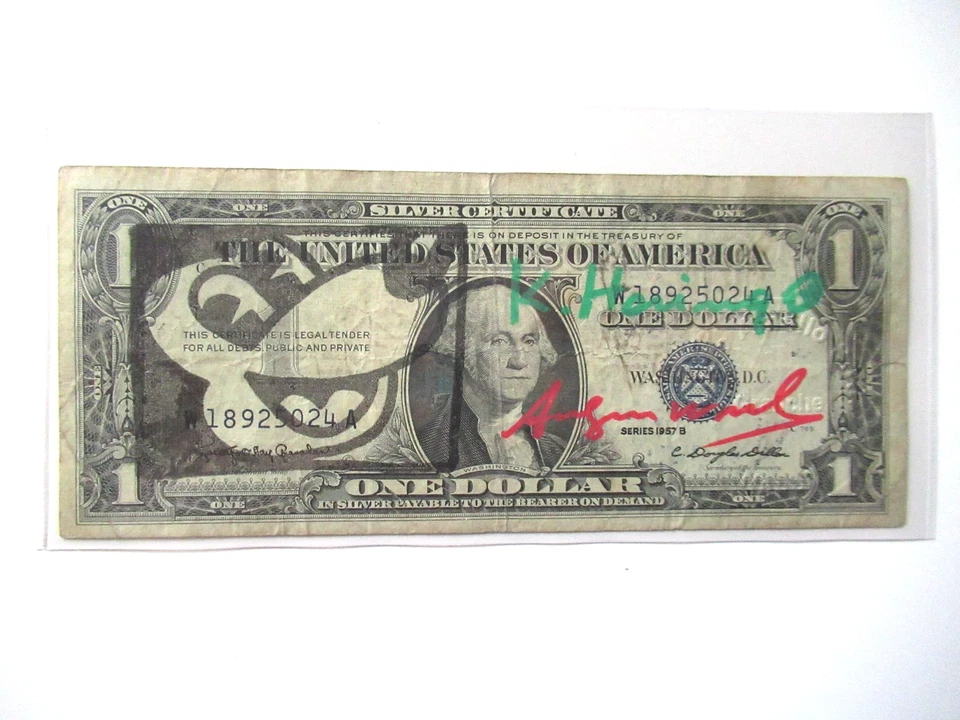 A. WARHOL/K. HARING: 1 US Dollar 2x ORIGINAL SIGNIERT,  MIT AMTL. ST. 1977