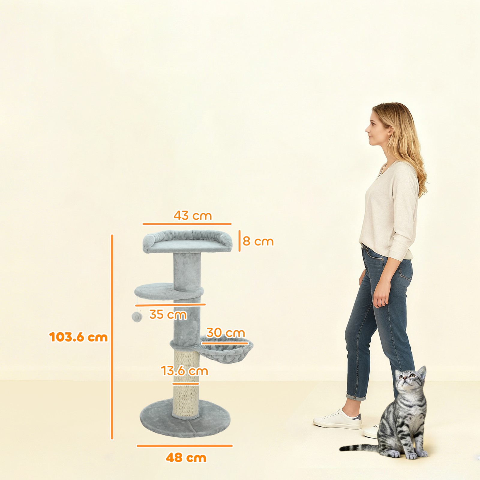 Albero Tiragraffi per Gatti Alto 103.5 cm con Lettino e Amaca, Rivestimento in P foto 3