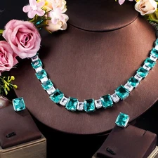 Big Green Square CZ Stud Earring Tennis Necklace Silver Plated Women Jewelry Set