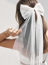 Bridal Hair Bow Veil Pearl Wedding Hair Piece White Tulle Clip Accessories