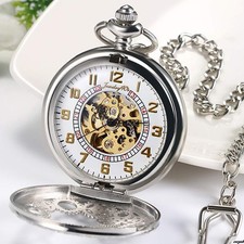 Skeleton Design Visible Gears Pocket Watch Automatic Winding Analog Alloy Silver