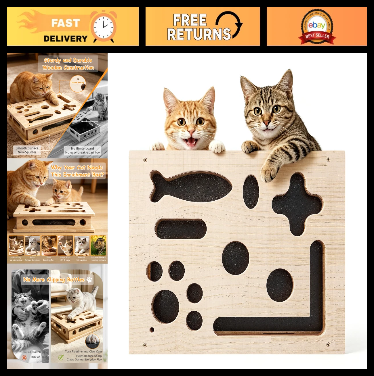 Cat Scratch Puzzle Box - Nail File Scratcher Toy with Sandpaper for Indoor Cats