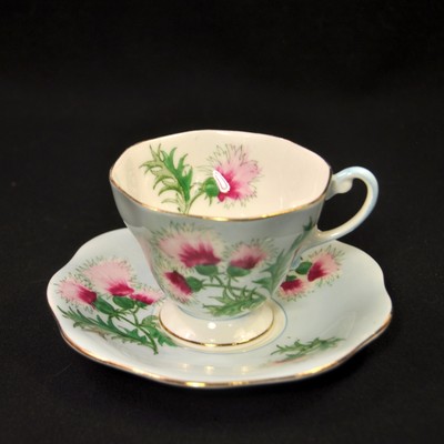 E Brain Foley Cup & Saucer V2538 Glengarry Thistle Blue w/Pink & Gold 1930-1948