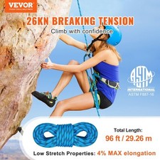 Static Climbing Rope, 96 ft Outdoor Rock Climbing Rope with 26KN Breaking Tensio