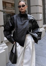 Women's Faux Leather Oversized Jacket - Stand Collar Long Sleeve Moto Biker Coat