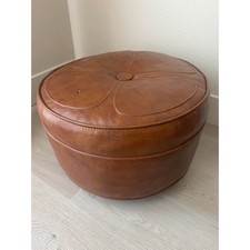 Vintage 70s MCM Clover Brown Vinyl Round Ottoman Footrest Stool Castors Wheels