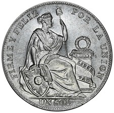 PERU 1 Sol 1934 Silver 25g.  Seated Liberty 