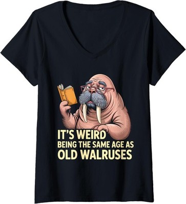 Women_s Funny Walrus Aging Humor Meme Same Age Old Walruses V-Neck T-Shirt
