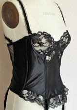 Vtg Victorias Secret Gold Euro label 36Bcorset with garters lace top black size