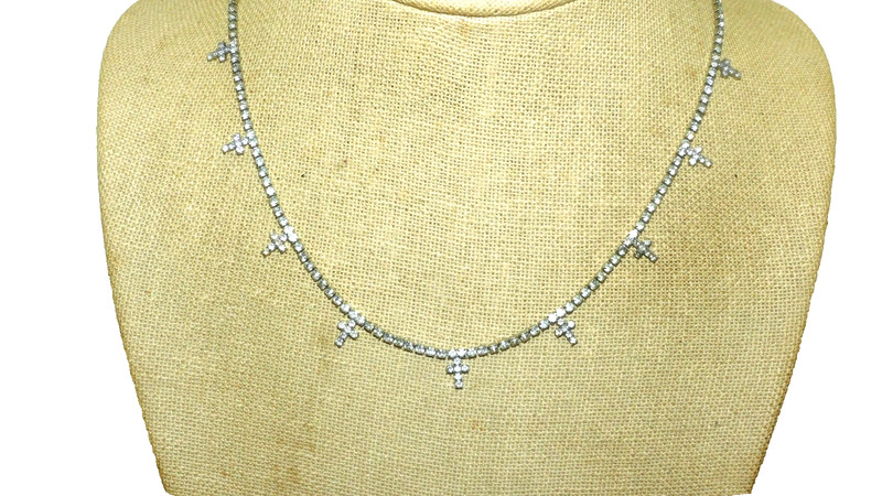 16" PRONG SET WHITE RHINESTONE CROSS CHARM SILVER TONE CHOKER NECKLACE
