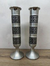 Vintage MCM Pair Norwegian Pewter Vases Hagrud Stacked Rings Scroll 9.5"