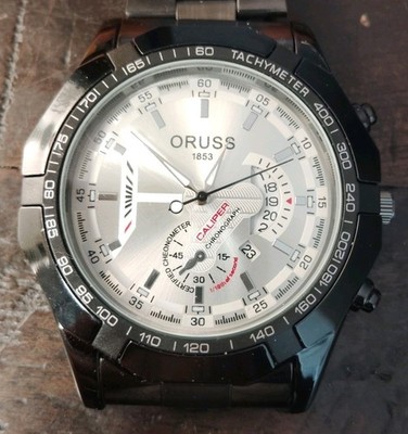 Oruss Men's Quartz Watch Jump Hour with Black Steel Gun Metal Band
