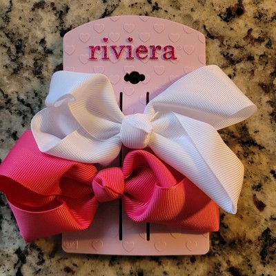 2 New Riviera Girls Hair Bows Pink & White With Clasp