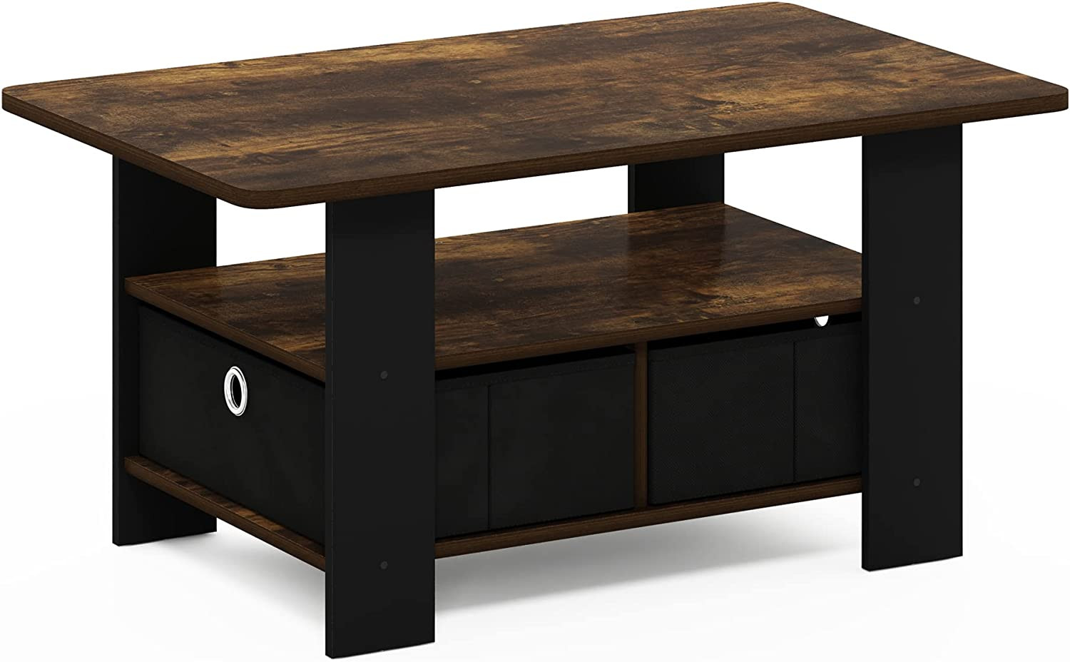 Andrey Coffee Table with Bin Drawer, Amber Pine/Black Small Non-Lift Top