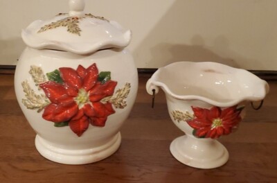 Vtg FIGI  Christmas 3D POINSETTIA Centerpiece COOKIE JAR . CANDY DISH. 11 & 7 in