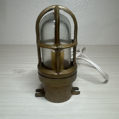 ANTIQUE BRASS LIGHT CAGE GLASS SHIP BULKHEAD TABLE LAMP CONVERSION 1950 - Picture 2 of 10