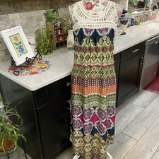 New Directions Boho Hippie Print Crochet Detailed Maxi Dress Pockets Size Small