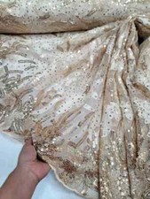 "Champagne Floral Embroidered Lace Fabric with Sequins and Fishnet - Sold by the
