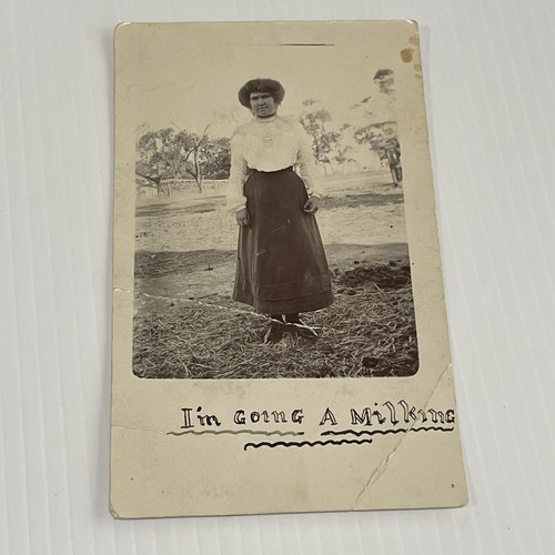 Vintage Sepia Photograph Postcard Woman ‘I’m Going A Milking’ In Farmyard