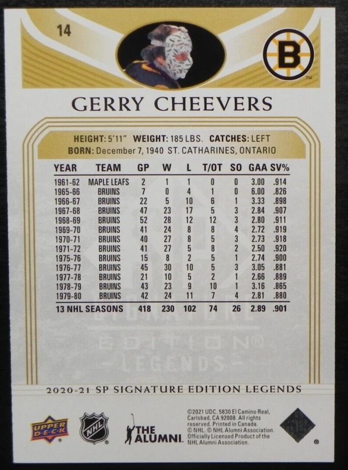 2020-21 20/21 SP Signatures Edition Legends Gold Foil #14 Gerry Cheevers Bruins - Image 2 of 2