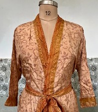 Robe Longue Kimono En Soie Papier Florale Beige Indienne Pour Femme Nuit