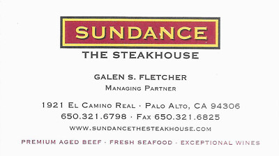 BUSINESS CARD CA PALO ALTO SUNDANCE STEAK HOUSE 31 YEARS STICKER