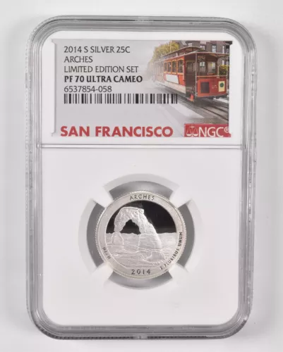 2014-S Silver PF70 UCam Arches Quarter NGC Limited Edition SF Label