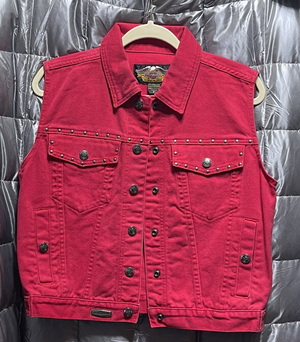 HARLEY DAVIDSON VINTAGE VEST WOMENS RED STUDDED DENIM… Gem