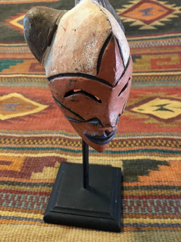 Clay African Art Hand Painted Face Mask Free Standing on Wooden Stand 9" Tall - Image 3 of 4