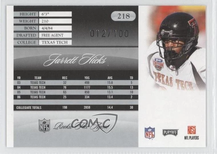 2007 Playoff Prestige Rookie Xtra Points Red /100 Jarrett Hicks #218 Rookie RC - Image 2 of 2