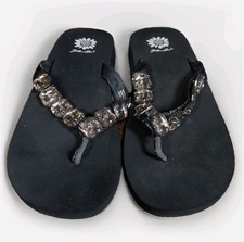Yellow Box Dilly Flip Flops Womens 9 Black Sandals Brown Jeweled Thongs Summer