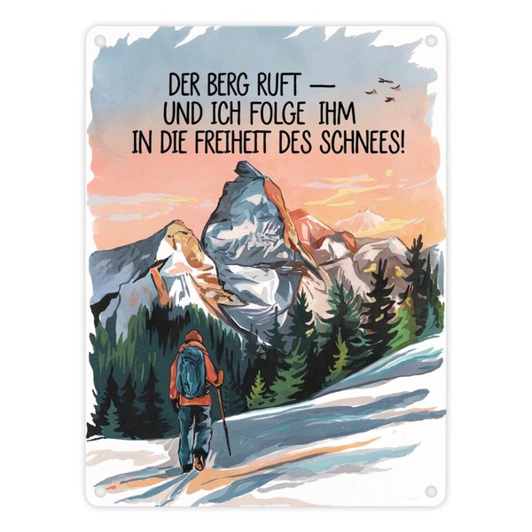 Berggipfel Mit Wanderer - Der Berg Ruft Metallschild In 15X20 Cm-image