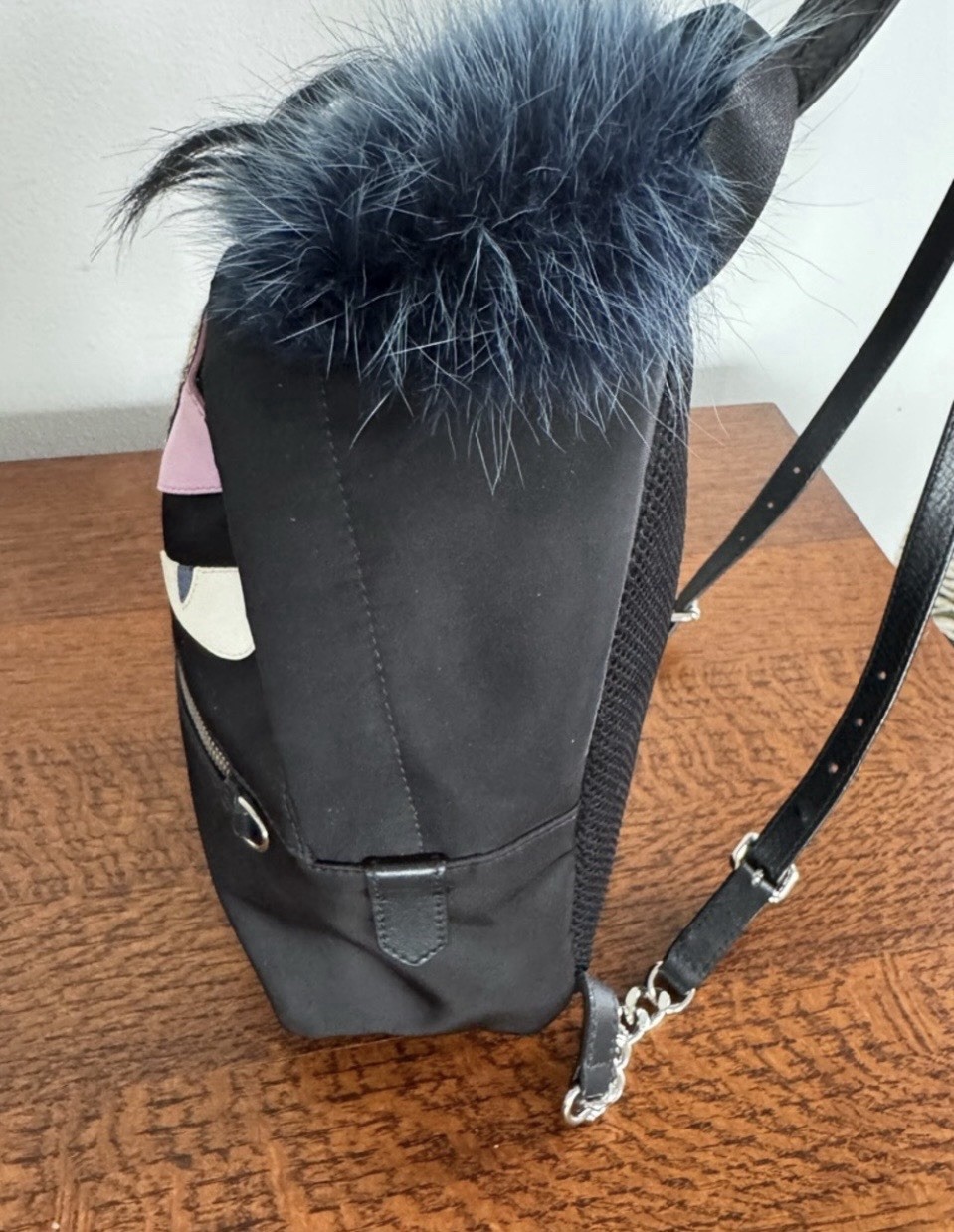 Fendi Monster Eyes Mini Backpack Black w/Fox Fur Trim Silver Hardware COA image 6