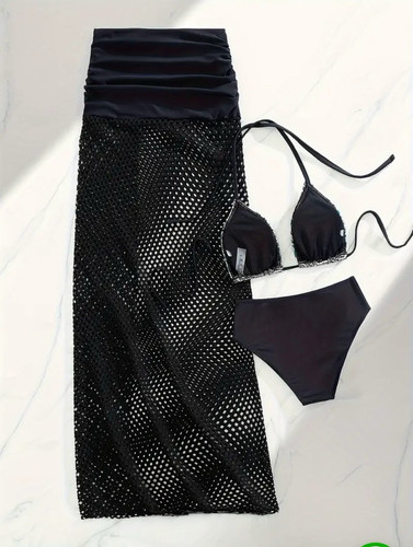 NWT 3 Piece Triangle Halter Tie Strap Backless Bikini Set - Women's Swimwear S - Picture 3 of 5