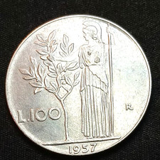 Italy 1957  100 Lire  Circulated Italian Stainless Steel World Coin  Minerva des