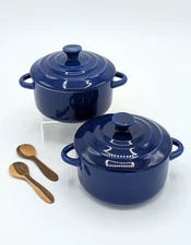 Blue Stoneware Ceramic Mini Cocotte 4” Casserole Dishes with Lids Set of 2