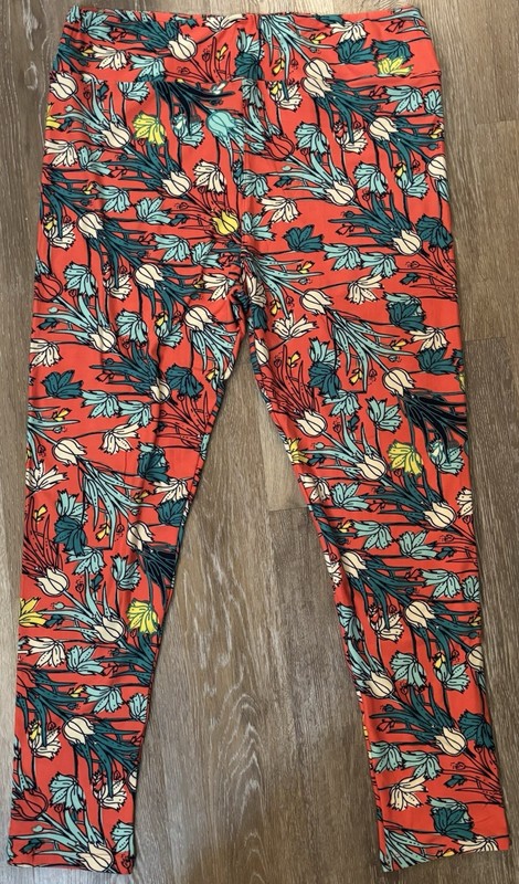 LuLaRoe Women's Leggings Size TC2 Orange with Multicolored Flowers Tall Curvy 2