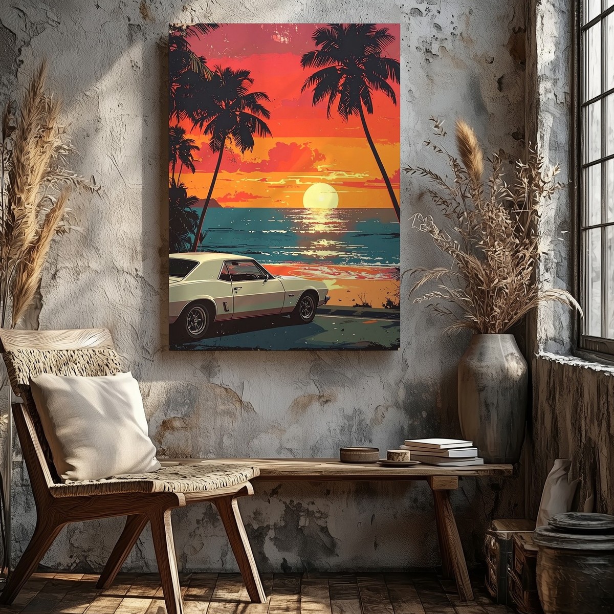 Retro Muscle Car Sunset Canvas 80S Synthwave Beachside Wall Art | eBay