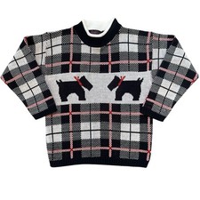 Vintage 80s 90s Black White Red Plaid Scottie Dog Print Novelty Sweater