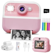 Instant Camera, Front Rear Dual Selfie Kids Camera with 1080P Videos, Pink