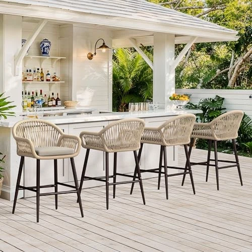 JUEGO DE 2 TABURETES DE BAR DE EXTERIOR COZYMAN, MOSTRADOR EXTERIOR DE RATÁN DE 26,8" - NEGRO Foto 2 de 4