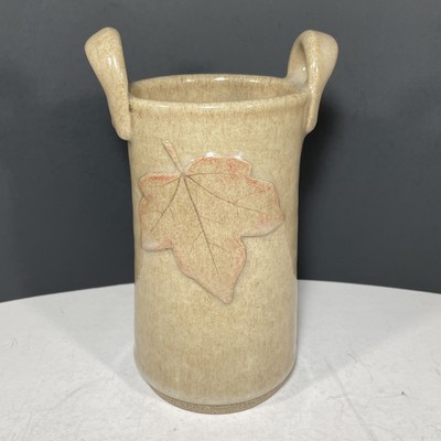 Art Pottery Stoneware Vase 3D Maple Leaf Loop Handles Tan Bubble Glaze - as is