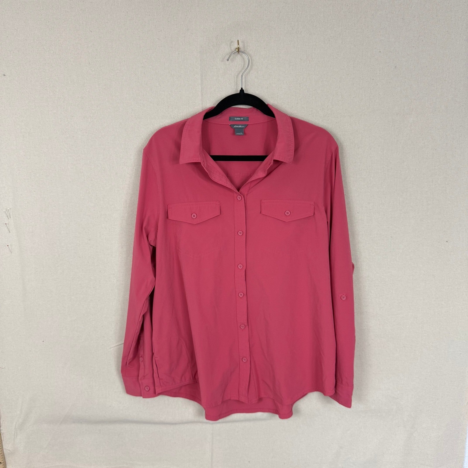 Eddie Bauer Classic Fit Women L Pink Button Down Roll Tab Sleeve Hiking Shirt